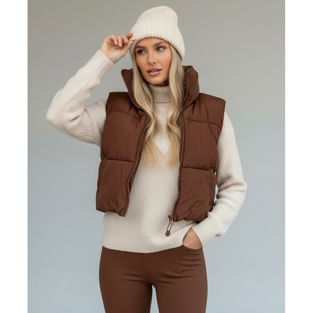 Brown Cropped Puffer Vest Size Small Outerwear Quilted Sleeveless Zip